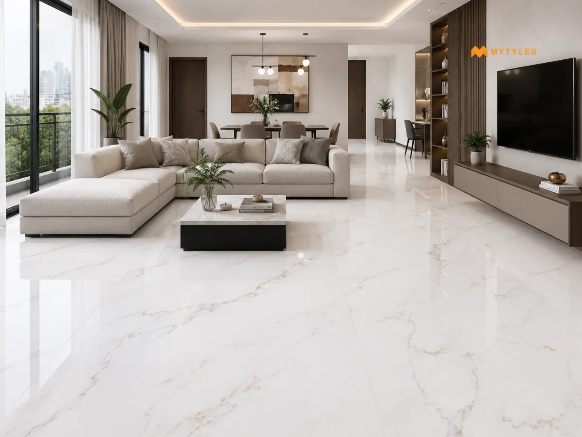 Large-Format Statuario Tiles for a Seamless Living Room Floor